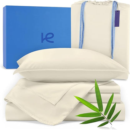 Kickoff Viscose Bamboo Sheets Twin XL Size 3-pc 100% Organic Bamboo Viscose Bed Cooling Sheets Twin XL Size Set Cool Bedding for hot Sleepers Sheet, Flat, Fitted, Pillowcase (Buttercream, TXL)