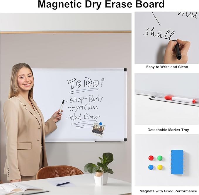 OLIXIS Magnetic White Board, Dry Erase Board for Wall 32" x 48", Whiteboard with 1 Dry Eraser & 2 Multicolor Markers & 4 Magnetic Pins, Aluminium Frame for Home, School, Office, White