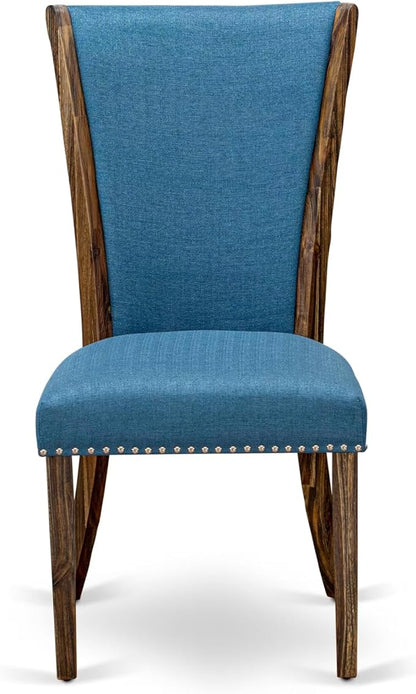 East West Furniture V777VE721-5 5 Piece Dining Set Includes a Rectangle Dining Room Table with V-Legs and 4 Blue Color Linen Fabric Upholstered Parson Chairs, 40x72 Inch, Multi-Color