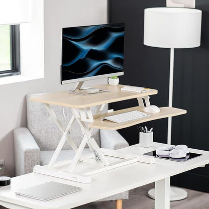VIVO 28 inch Desk Converter, K Series, Height Adjustable Sit to Stand Riser, Dual Monitor and Laptop Workstation with Keyboard Tray, Light Wood Top, White Frame, DESK-V028KF