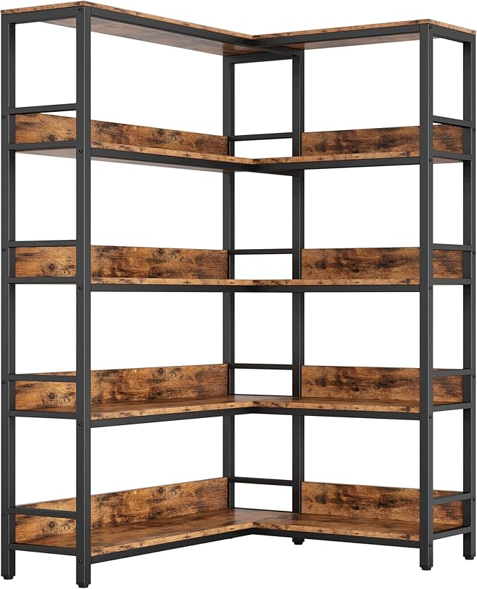 IRONCK Industrial Bookshelves 5 Tiers Corner Bookcases with Baffles Etagere Shelf Storage Rack with Metal Frame for Living Room Home Office