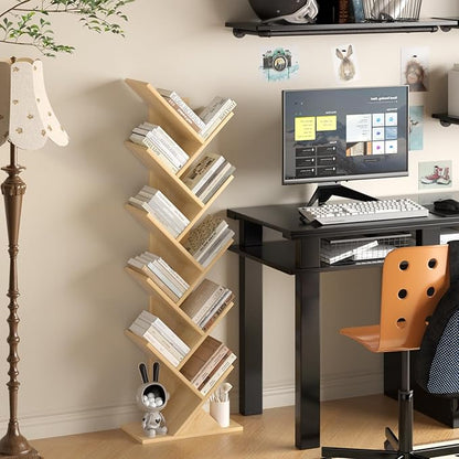10 Tier Tree Book Shelf, Floor Standing Wood Bookshelf for Narrow Space, Storage Organizer Bookshelves for Books/CDs/Magazine, Bookcase with Shelves for Home Office, Living Room - Natural