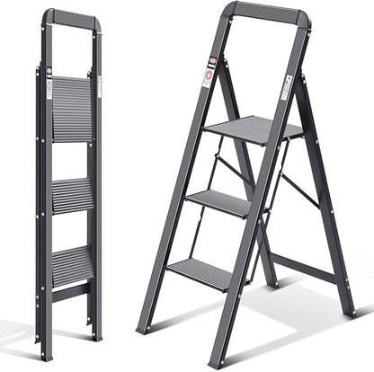 KINGRACK Aluminium 3 Step Ladder, Lightweight Step Stool with Non-Slip Pedals, Handrail, 330 LBS Foldable Step Ladder for Kitchen, Garage, Home, Space Saving, Sturdy and Portable, Black