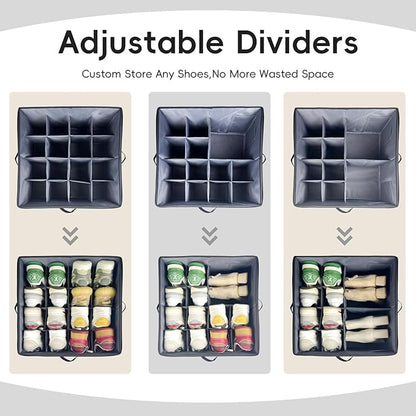 Shoe Organizer Box 2 Pack, Shoe Storage Organizer with Clear Cover, Adjustable Dividers Fits 16-32 Pairs, Fabric Shoe Organizer for Closet, Grey