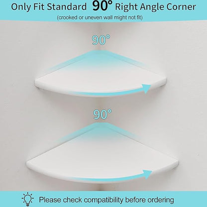 Corner Shelves, Floating Corner Shelf, Set of 2 White Solid Oak Wood Wall Shelves, Round End Wall Mount with Wire Hole Shelving for Small Plant for Bedroom Kitchen, Living Room 8.7"