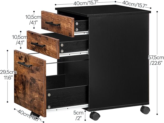 HOOBRO 3-Drawer File Cabinet, Wooden Under Desk Filing Cabinet, fits A4/Letter Size for Home Office, Small Rolling Storage Drawer Chest, Printer Stand with Drawers, Rustic Brown and Black BF02WJ01G1