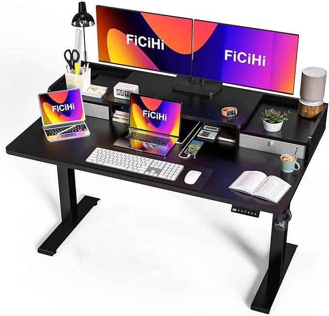 55x30 Inch Electric Standing Desk with Drawers & Widen Desktop, Thickened Desk Frame, Adjustable Height Sit Stand Up Table, Home Office Computer Desk with Cable Management, Classical Black