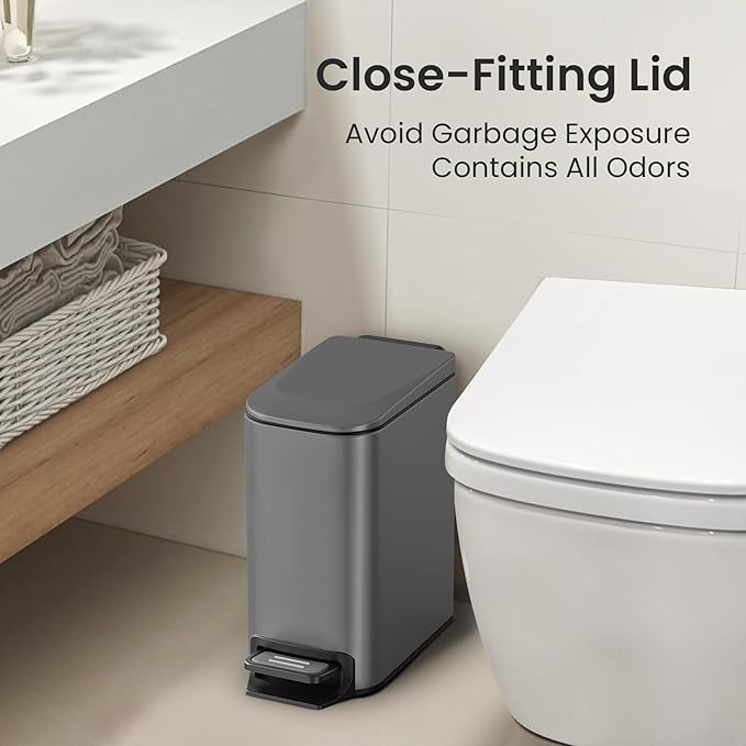 Cesun Small Bathroom Trash Can with Lid Soft Close, Step Pedal, 6 Liter / 1.6 Gallon Stainless Steel Garbage Can with Removable Inner Bucket, Anti-Fingerprint Finish (Gray)
