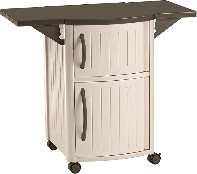 Suncast Serving Station Patio Cabinet, Portable Grill Prep Table, Light Taupe & Mocha - Includes Side Shelves, Storage Cabinets, Server Tray and Wheels for Outdoor BBQ Grilling and Backyard Dining