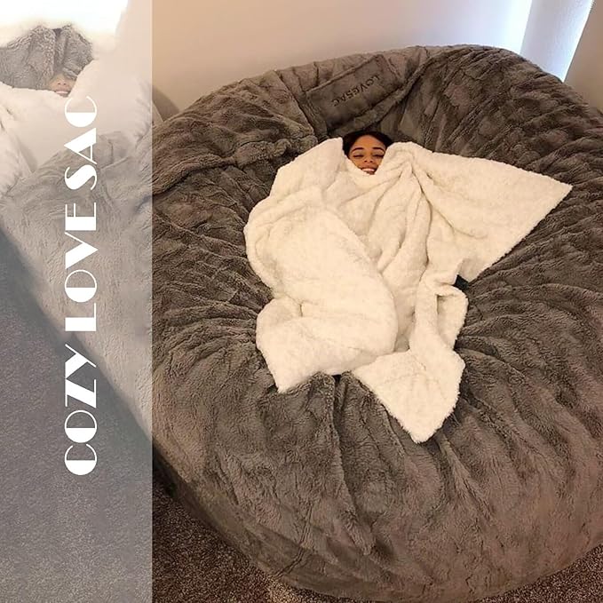 BCU Oversized Bean Bag Cover Comfy Beanbag Chair for Adults Without Filler Faux Fur Floor Chair Lazy Sofa Cover Comfy for Living Room Chairs, Silver Blue, 5FT