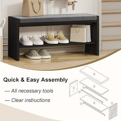 BON AUGURE Storage Bench, Entryway Bench with Shoes Storage, Wooden Benches with Seat Cushion, Shoe Rack Benches for Entry, Entrance, Front Door (Black Oak, 40 Inch Wide)