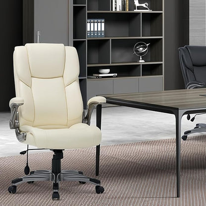 COLAMY High Back Executive Office Chair- Ergonomic Home Computer Desk Leather Chair with Padded Flip-up Arms, Adjustable Tilt Lock, Swivel Rolling Chair for Adult Working Study-Ivory