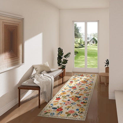 Machine Washable Runner Rug for Hallway: 2'6"x8' Kitchen Runners Rug with Rubber Backing Non Slip Stain Resistant Floral Floor Rug Soft Carpet Runners for Indoor Entryway Bedroom Bedside Living Room