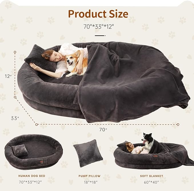 Human Dog Bed for Adult Kids, 70"x33"x12" Washable Faux Fur Human Size Dog Bed for People Doze Off, Dark Grey