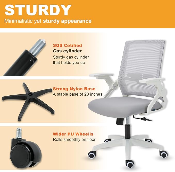 Ergonomic Office Chair Desk Chair with Adjustable Height Mesh Computer Chair Swivel Chair with Flip-up Arms and Lumbar Support Grey