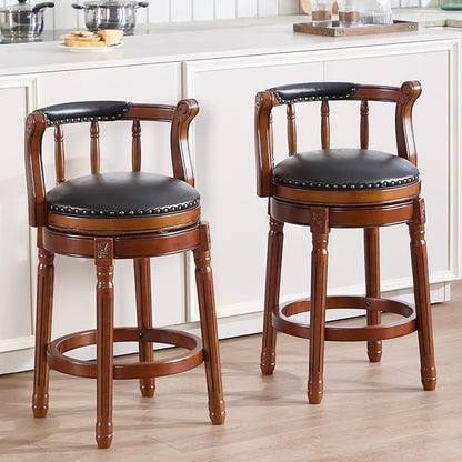 Cow top Leather Wooden Bar Stools, 360 Degree Swivel Bar Height Chair with Backs for Home Kitchen Counter, Morden Chair Barstools (Black, Counter Height-Seat Height 26”)