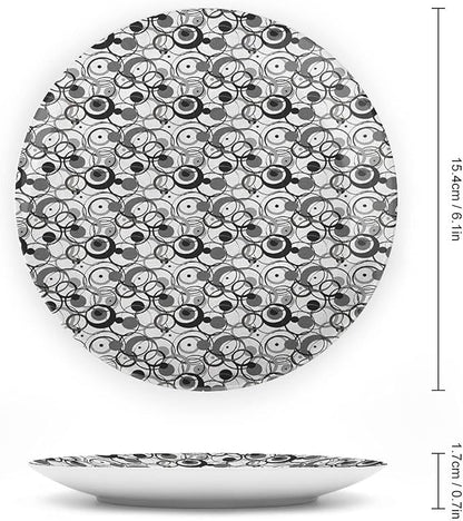 Decorative Plates, Abstract Print Ornament, Monochrome Circles Dots Surreal Geometric Modern, 8 Inch, Kitchen Wall Decor, Grey Black White