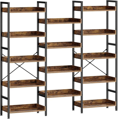 Rolanstar Bookshelf 5 Tiers, Triple Bookcase with Open Display Shelves, Industrial Wide Bookshelf with Metal Frame for Living Room, Office, Rustic Brown