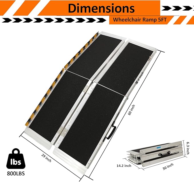 Portable Wheelchair Ramp 5FT, 60" L x 29" W Non-Skid Aluminum Foldable Handicap Ramps for Steps, 800lbs Capacity Threshold Ramps, Lightweight with Handle, for Home,Stairs,Doorways,Curbs (5FT)