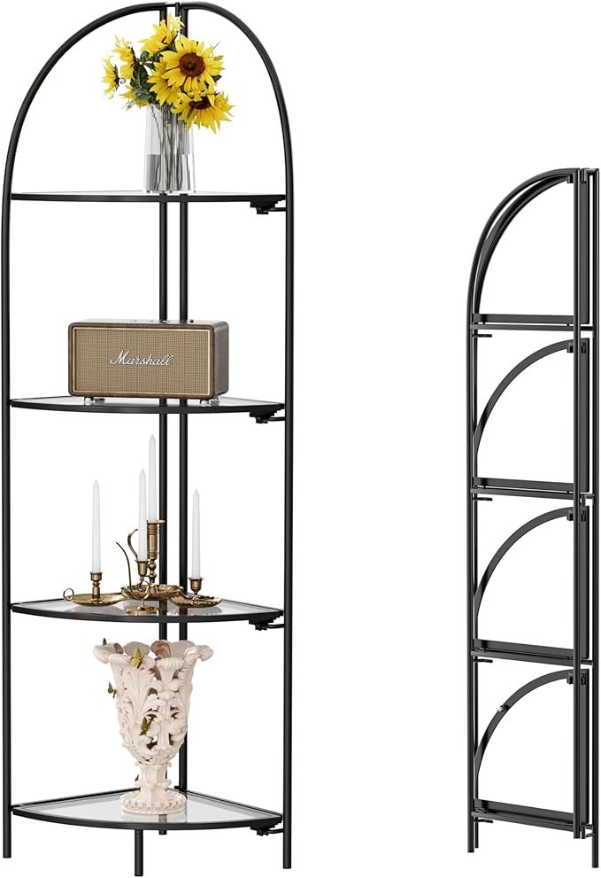 Crofy Foldable 4 Tier Corner Shelf, Metal Corner Plant Stand with Black Frame and Transparent Shelves, Corner Display Rack Multipurpose Shelving Unit for Living Room, Bedroom, Bathroom