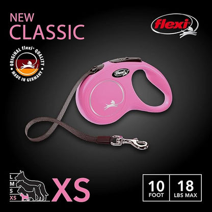 FLEXI New Classic Tape Retractable Dog Leash for X-Small Dogs Upto 26 lbs. – 10 ft., Pink | Tangle Free Pet Walking Leash with One-Handed Brake, Pause, Lock|German Quality Product