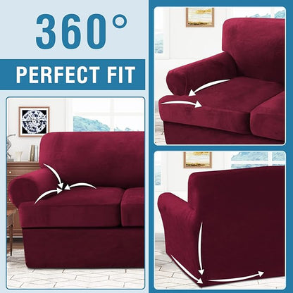 H.VERSAILTEX Sofa Cover 3 Piece T Cushion Loveseat Slipcovers Thick Velvet Couch Cover Furniture Protector Stretch T Cushion Sofa Covers for 2 Cushion Couch with 2 T Cushion Covers Washable, Burgundy