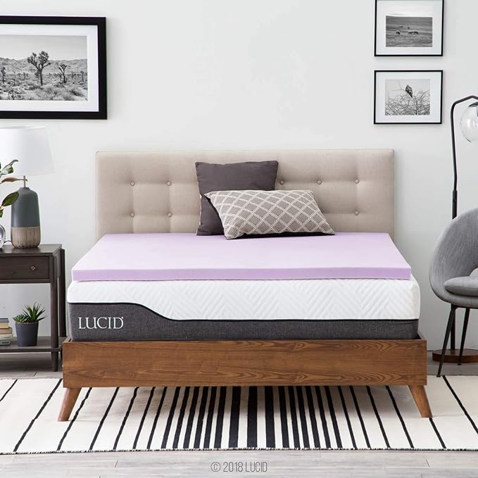 Lucid 2 Inch Lavender Infused Memory Foam Mattress Topper - Ventilated Design – Pressure Relieving Bed Topper - Mattress Pad – CertiPur Certified - Full Size