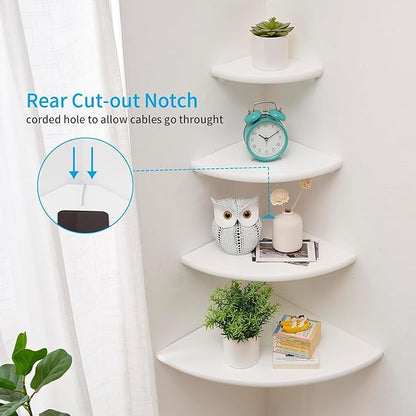 Corner Shelf, Solid Oak Wood Floating Corner Shelf Wall Mount Round End Floating Speaker Shelves with Wire Hole for Small Plant Photo Frame for Bedroom Kitchen, Living Room (White, 8.7in)