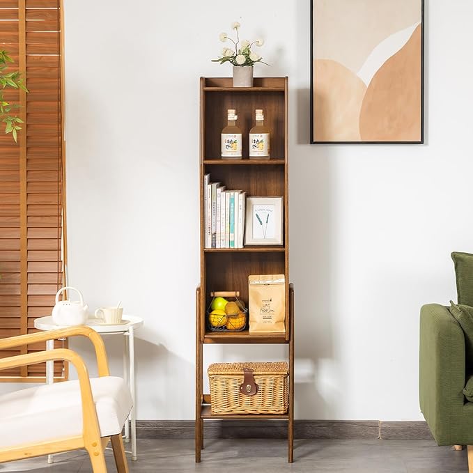 4-Tier Bamboo Bookshelf - Wood Bookcase Organizer with Open Shelves for Living Room & Home Office-Walnut Large