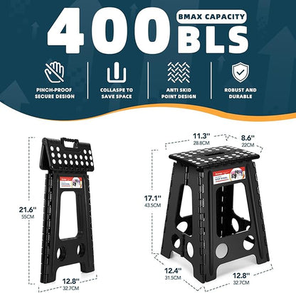 ACSTEP Folding Step Stool 17.5 Inch Heavy Duty Step Stool Foldable for Adults and Kids, Collapsible Stepping Stool with Handle, Non Slip Folding Stools for Kitchen Hold Up to 400lbs (Black 1PC)