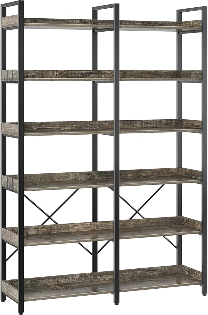 Seventable Bookshelf 6 Tier with 4 Hooks，67”Industrial Wooden Bookcase, Vintage Storage Rack with Open Shelves, Rustic Standing Bookshelves Metal Frame 43.3” Wide Display Rack, Gray