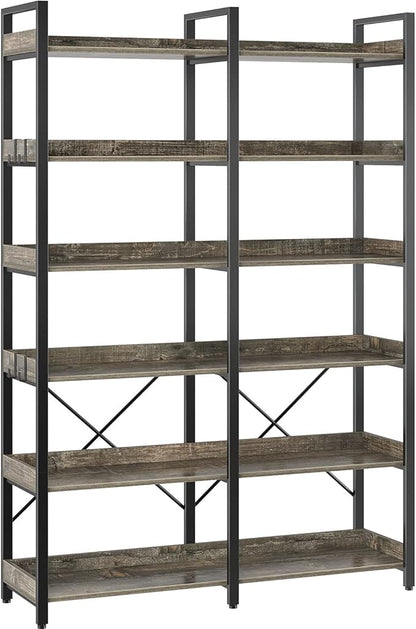 Seventable Bookshelf 6 Tier with 4 Hooks，67”Industrial Wooden Bookcase, Vintage Storage Rack with Open Shelves, Rustic Standing Bookshelves Metal Frame 43.3” Wide Display Rack, Gray