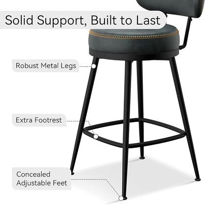 Counter Height Bar Stools, 26" H Swivel Barstools Set of 4, Faux Leather Kitchen Counter Stools with Back and Stylish Stitching, Metal Frame, Pub, Home Bar, Balck Green