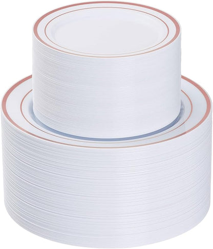 Goodluck 200PCS Rose Gold Plastic Plates, Heavy Duty Disposable Rose Gold Plates with 100 10.25 inch Dinner Plates and 100 7.5 inch Dessert Plates. Disposable Plates for Party, Wedding, Valentines