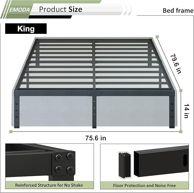 EMODA 14 Inch King Bed Frame with Fabric Cover, Heavy Duty Metal King Platform Bed Frame No Box Spring Needed, Noise Free, Easy Assembly