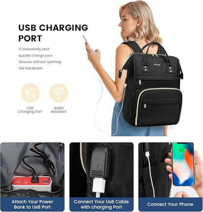LOVEVOOK 17 inch Laptop Backpack Women, Large Travel Computer Back Pack with USB Charging Port, Anti Theft Backpack for Women Teacher Nurse Work, College Business, Black
