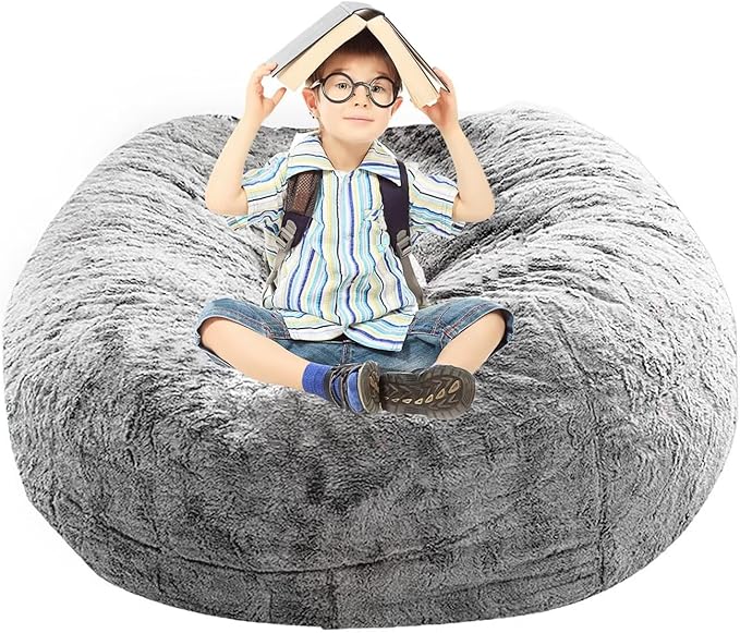BCU Bean Bag Cover Comfy Beanbag Chair for Adults Without Filler Faux Fur Lazy Sofa Cover for Living Room Chairs, Grey, 3.5FT