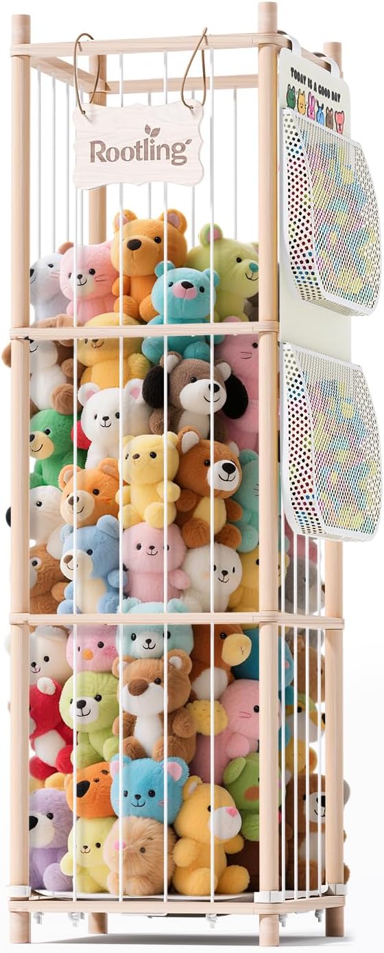 Stuffed Animal Storage & Organizer, 54 inch Tall Wooden Cute Zoo Toy Holder w/Building Block Storage Bag, Premium Wooden Material with Elastic Cord For Toddler Rooms, Playrooms & Bedrooms