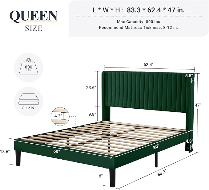 Allewie Queen Size Bed Frame/Velvet Upholstered Platform Bed/Vertical Channel Tufted Wingback Headboard/Strong Wooden Slats/No Box Spring Needed/Easy Assembly/Green