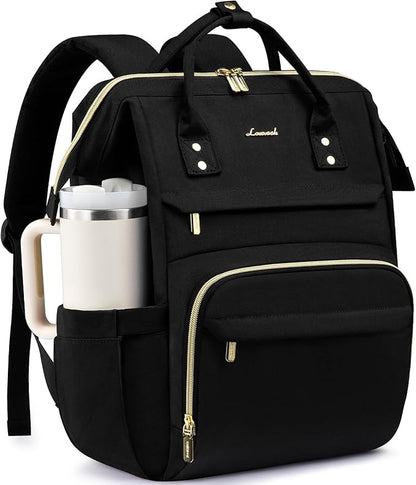 LOVEVOOK Laptop Backpack for Women with Giant Tumbler Holder Pocket,18 inch Waterproof Travel Backpack Purse Computer Laptop Bag,Professional Work College Nurse Teacher Backpack Casual Daypack,Black