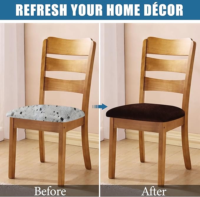 Smiry Velvet Seat Covers for Dining Room Chair Set of 6, Stretch Fit Removable Washable Chair Seat Cushion Protector Slipcovers with Ties, Coffee