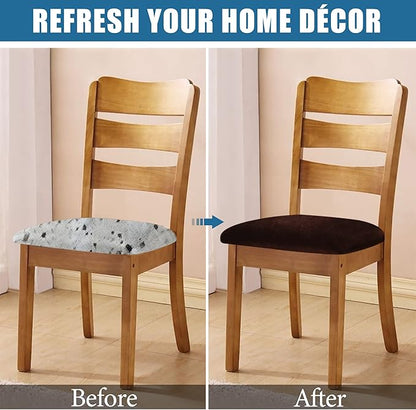 Smiry Velvet Seat Covers for Dining Room Chair Set of 6, Stretch Fit Removable Washable Chair Seat Cushion Protector Slipcovers with Ties, Coffee