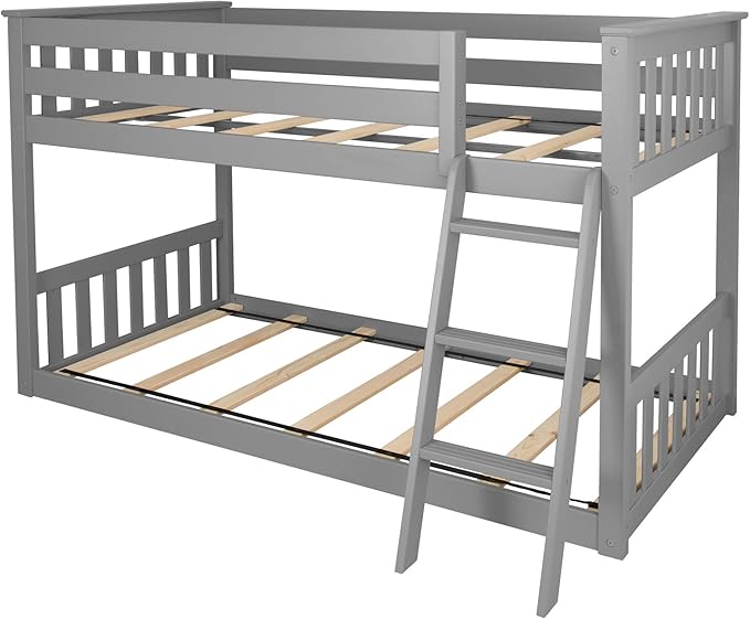 Max & Lily Twin Over Twin Low Bunk Bed with Ladder, Wooden Bunk beds with 14” Safety Guardrail for Kids,Toddlers, Boys, Girls, Teens, Bedroom Furniture, Grey