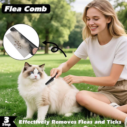 3PCS Self Cleaning Slicker Brush & Pet Grooming Rake & Flea Comb for Dogs,Cats and Horses | Double-Sided Dematting Comb & Skin Friendly Deshedding Grooming Tool | Premium Pet Supplies (Black)
