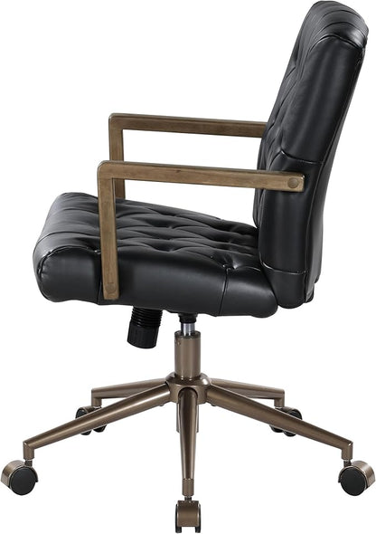 OSP Home Furnishings Waltham Adjustable Height and Tilt, Swivel Home Office Chair with Wood Arms, Black Faux Leather