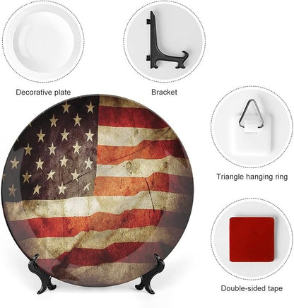 Decorative Plates, American Flag Print Ornament, Grunge Look Patriotic, 10 Inch, 1 Plate with 1 Display Stand, Multicolor