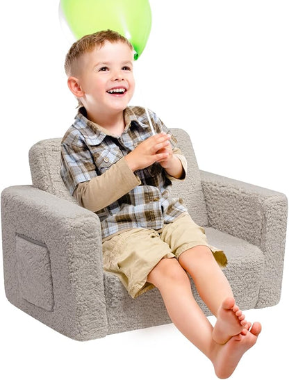 ALIMORDEN Kids Couch, 2-in-1 Fold Out Toddler Chair & Snuggly Foam Lounger Seat, Removable Washable Cover - Soft Reading Couch, Ideal Gift for for Boys and Girls, Light Grey