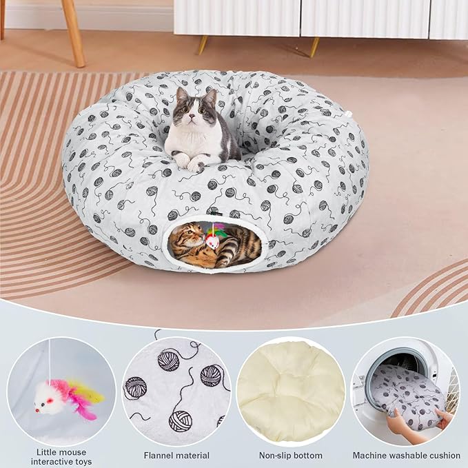 Ownpets Large Cat Tunnel, Soft Plush Cat Donut Tunnel Bed with Washable Cushion, Peekaboo Cat Tube for Indoor Kitten, Puppy, Rabbit, Gray