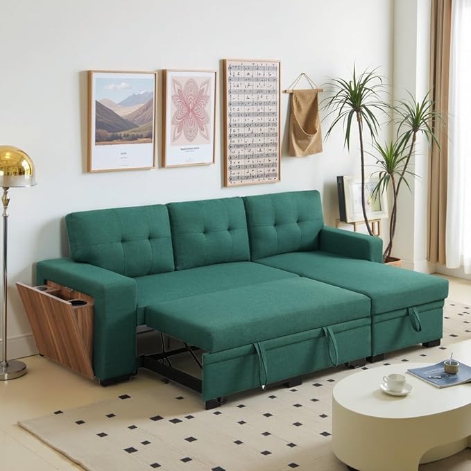 L-Shape Sofa Bed, 92" Sectional Couch with Storage Chaise, Pull Out Sleeper Sofa with Side Compartment, Convertible Corner Couch for Living Room Apartment, Green