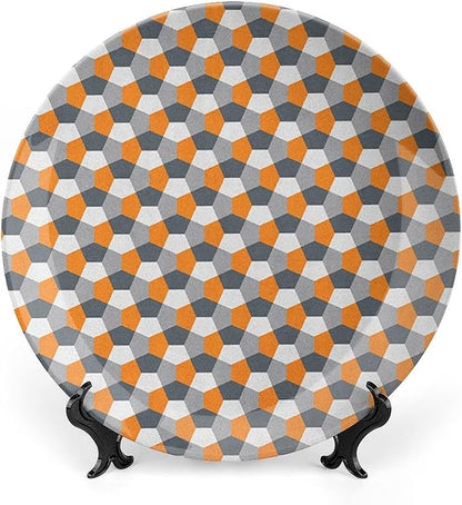 Ceramic Display Plate, Abstract Ceramic Hanging Decorative Plate, Modern Style Mosaic Tile with Hexagonal Shapes, 7 Inch, Living Room Kitchen Decoration Household, Grey Charcoal Grey Orange